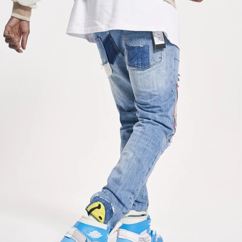 Streetwear Embroidery Patchwork Ripped Jeans