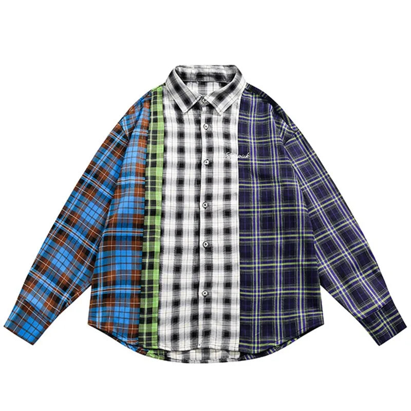 Streetwear Plaid Splicing Loose Shirt