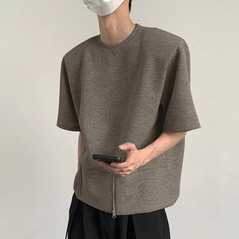 Irregular Solid O-Neck Zipper T-Shirt