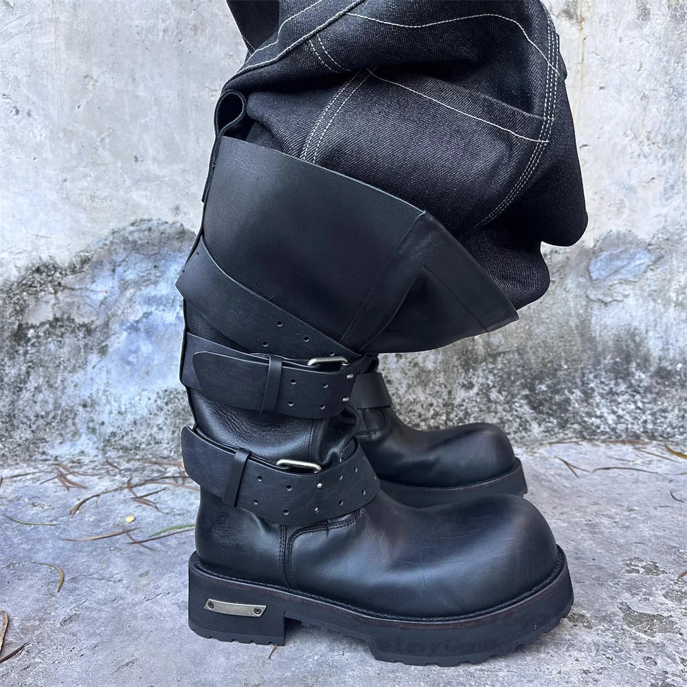 Big Round Toe Belt Buckle Motorcycle Boots