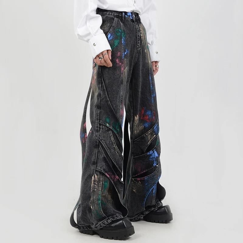 Black Color Paint Decor Loose Jeans