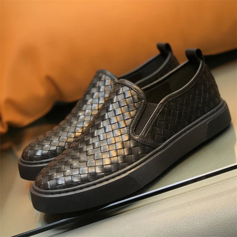 Woven Pattern Leather Flat Slip-On Shoes