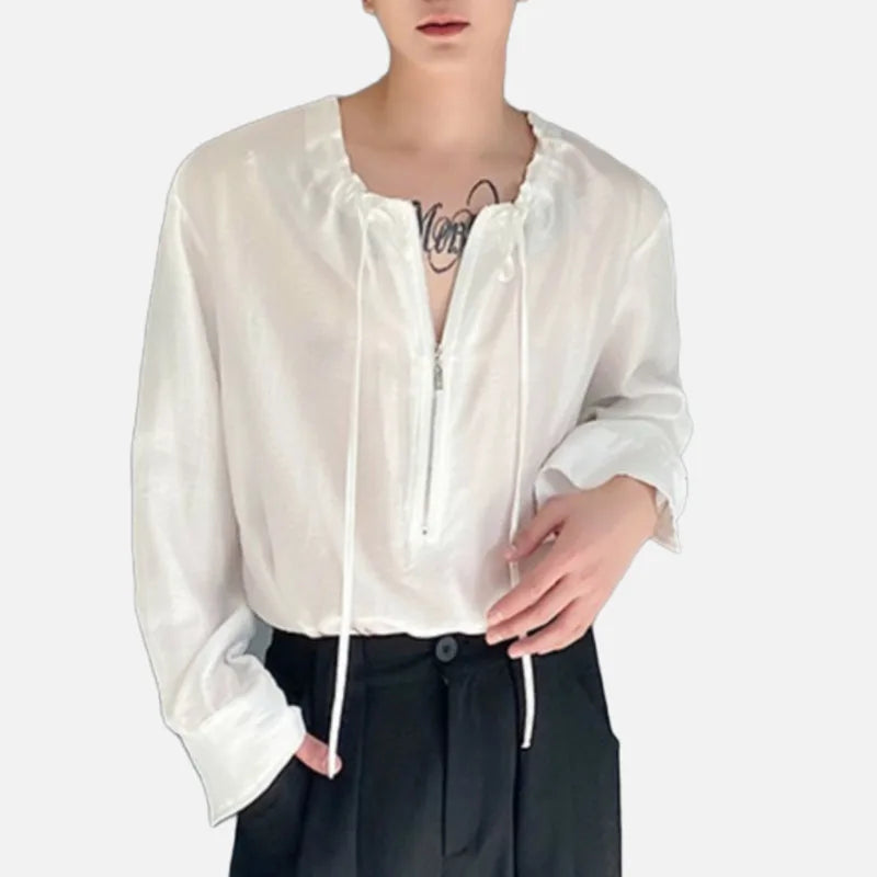 Round Neck Drawstring See-Through Shirt