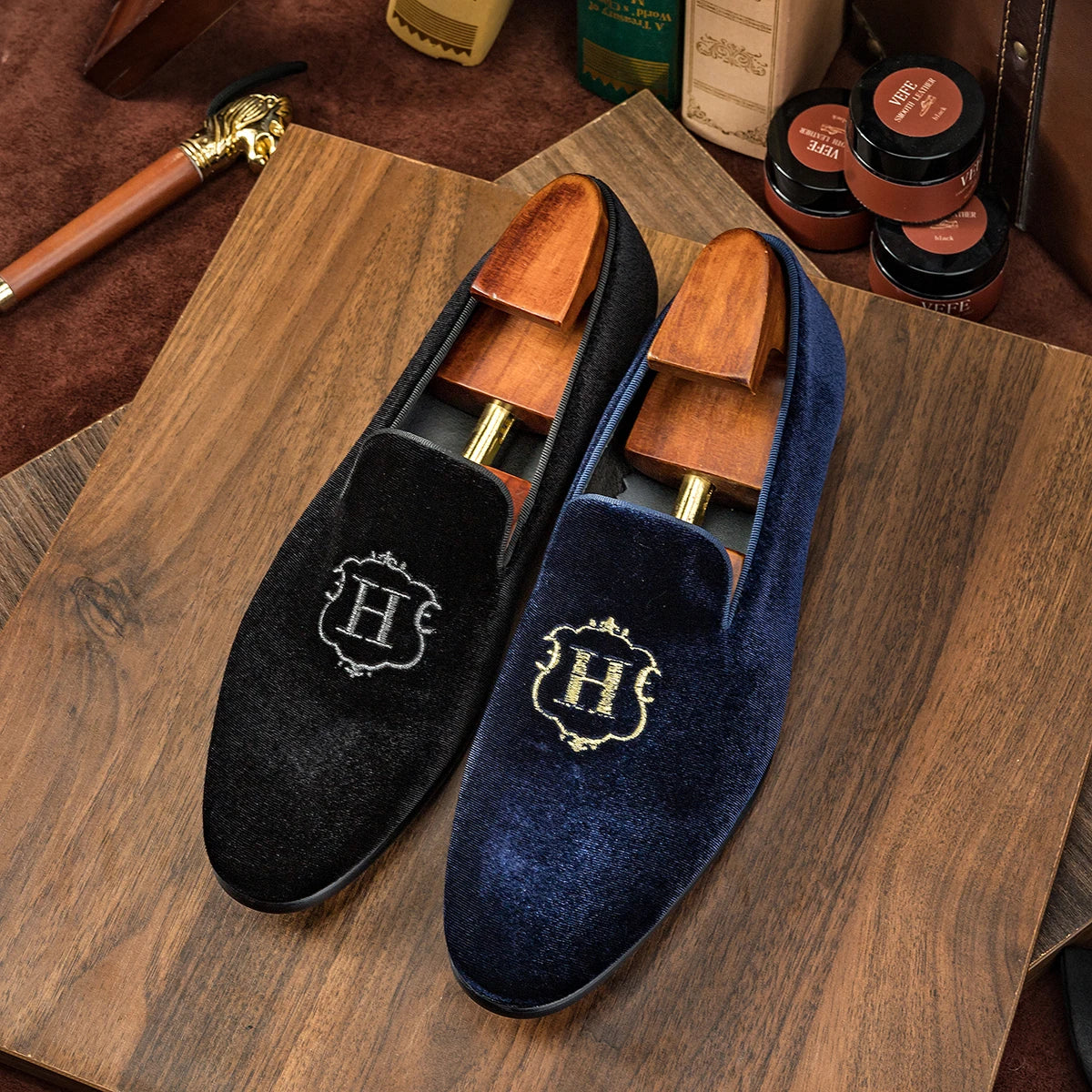 H Letter Embroidery Velvet Loafers