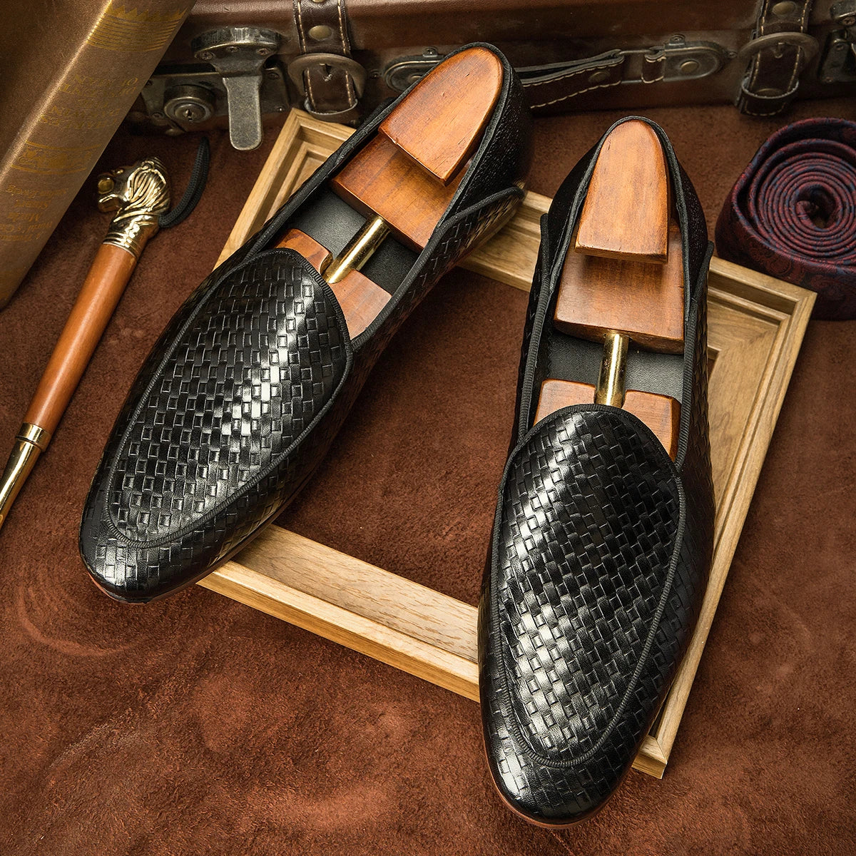 Black Woven Genuine Leather Loafers