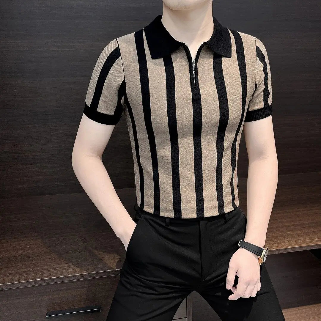 Men Summer Striped Knitted Polo Shirt