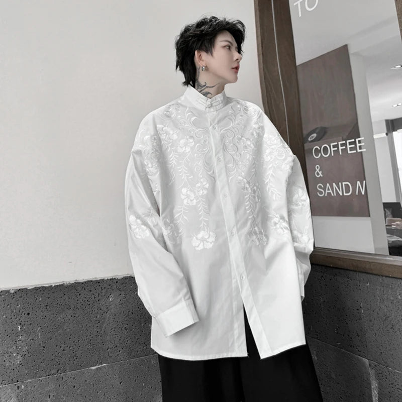 Solid Flower Embroidery Loose Shirt