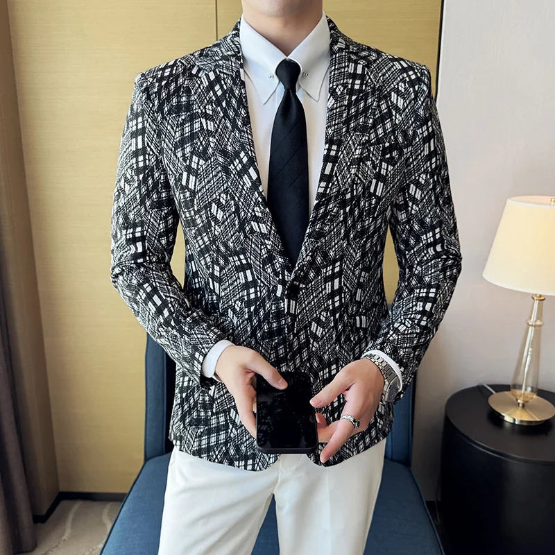 Geometric Grid Polyester Men's Blazer