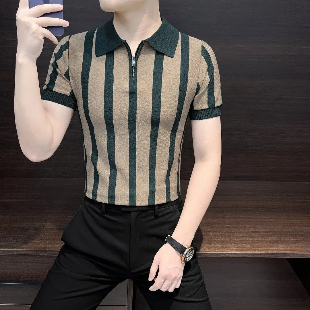 Men Summer Striped Knitted Polo Shirt