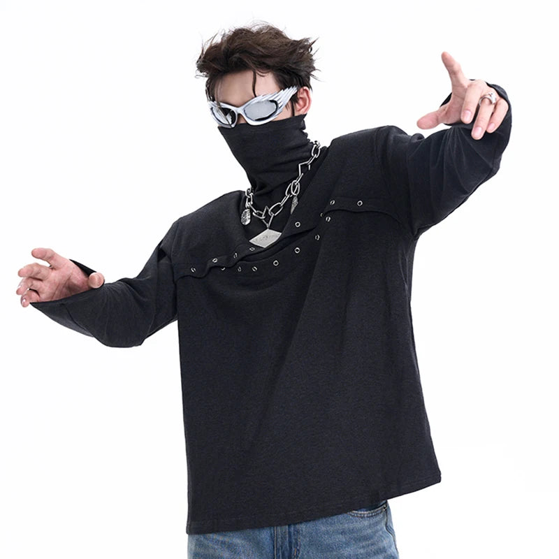 Metal Buckle Hole Design Long-Sleeved T-Shirt