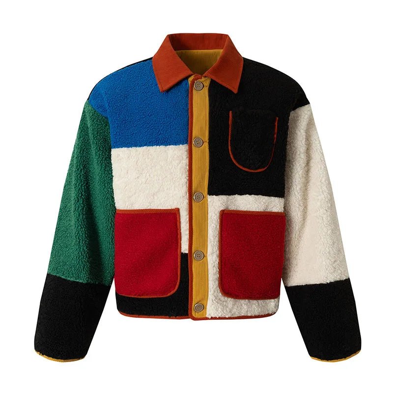 Trendy Color Block Patchwork Fluffy Jacket