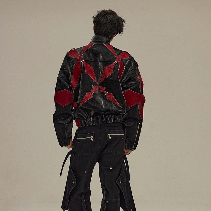 Red Black Patchwork Pu Leather Jacket