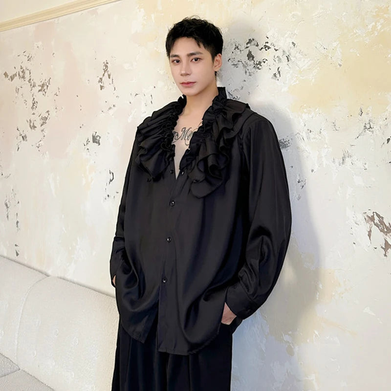 Solid Ruffled Collar Loose Shirt