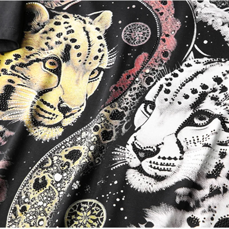 Rhinestone Animal Printed Round Neck T-Shirt