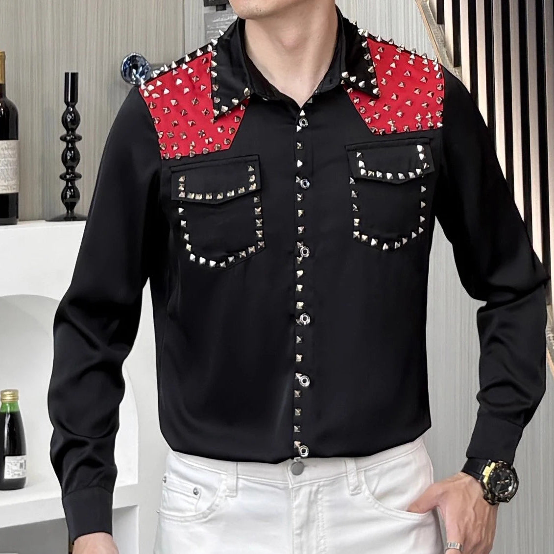 Men‘s Punk Rivets Long-Sleeved Shirt