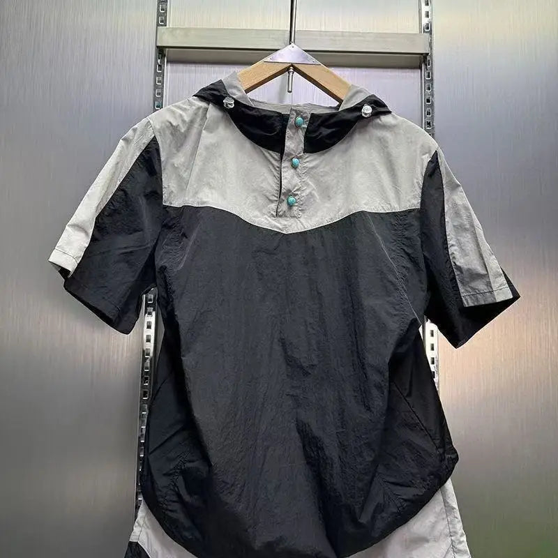 Contrasting Color Hooded Shorts Set