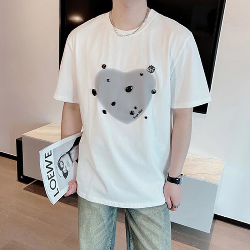 Heart Pattern Rhinestone Decoration T-Shirt