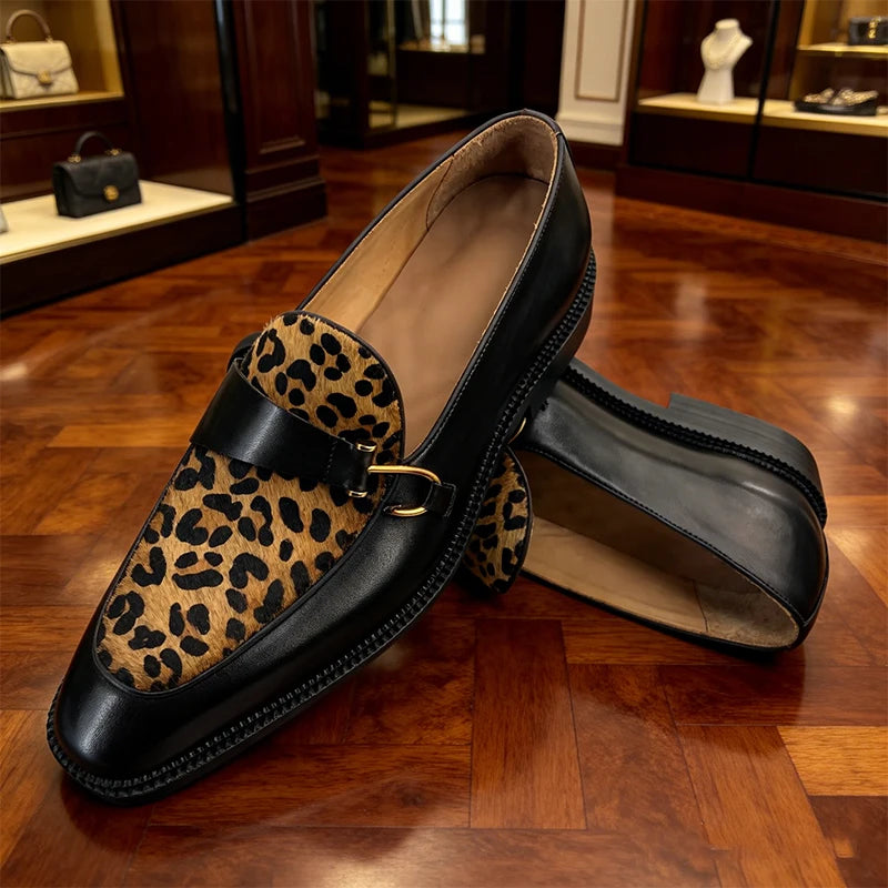 Metal Button Leopard Pattern Loafers