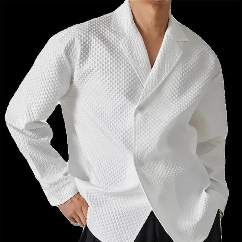 Waffle Suit Collar Long Sleeved Shirt