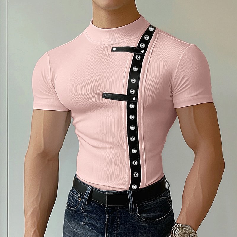 Spliced Metal Leather Buckle T-Shirt