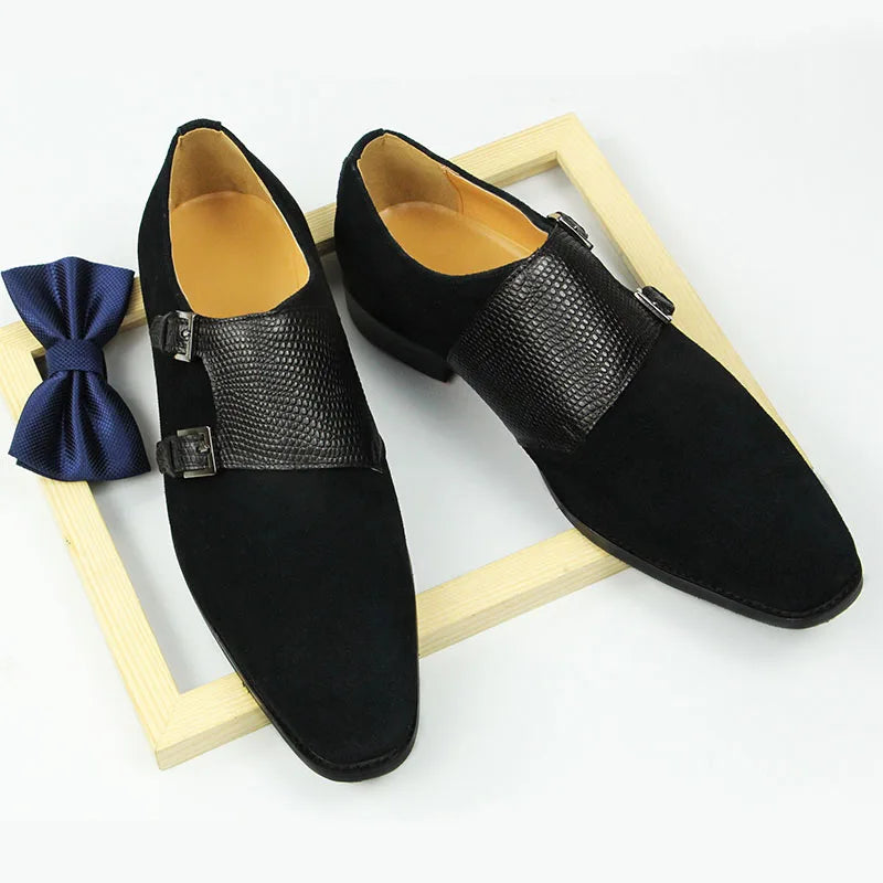 Black Suede Leather Monk Shoes