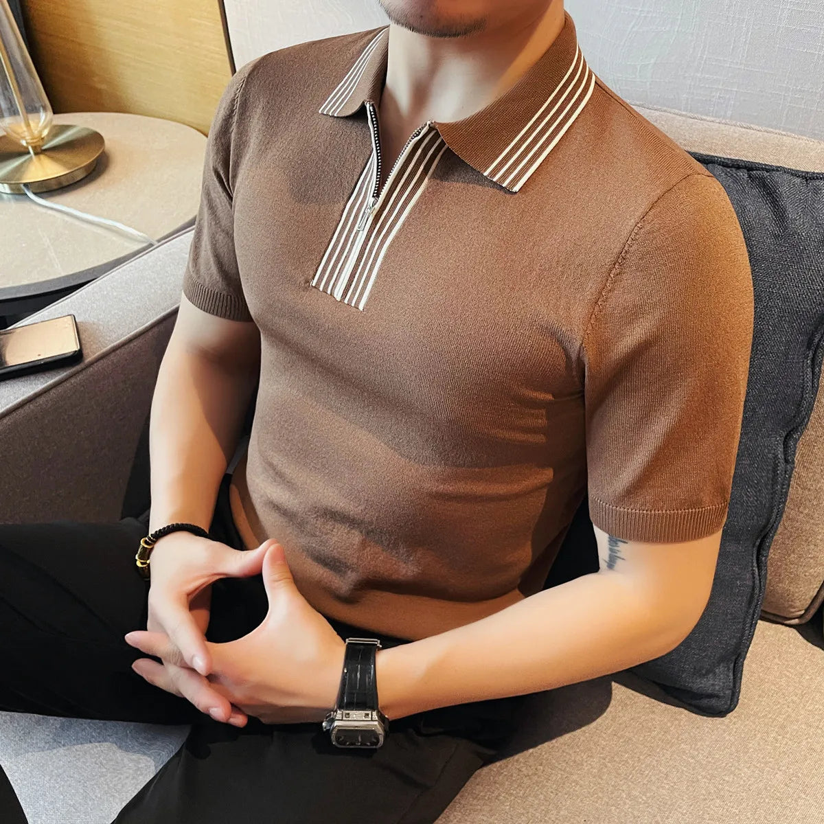 Striped Lapel Slim-Fit Men Polo Shirt