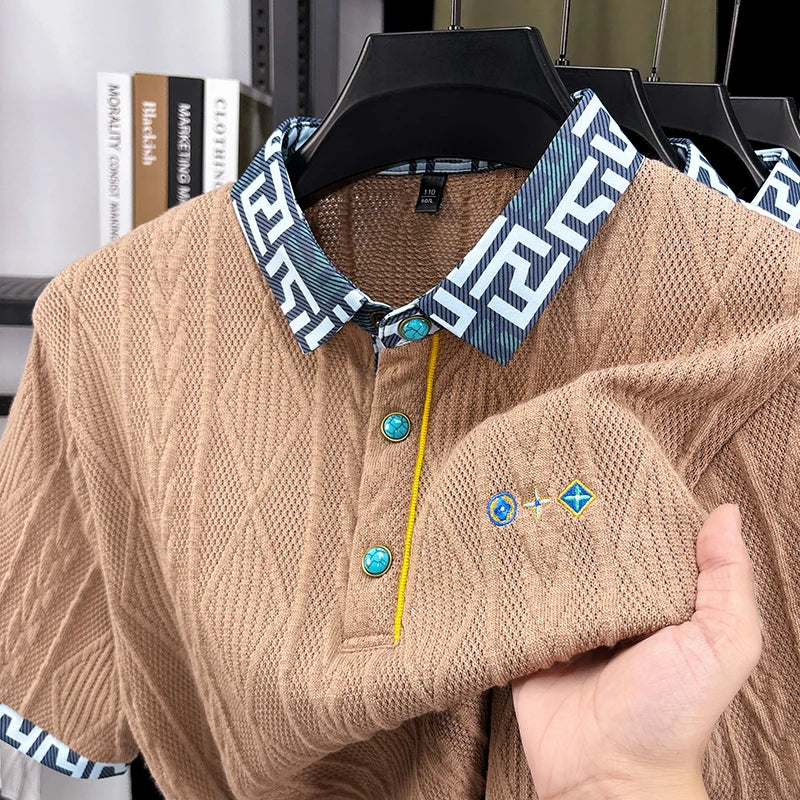 Geometric Collar Cable Knit Polo Shirt