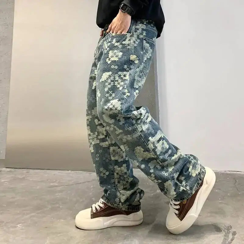 Geometric Print Loose Straight Jeans