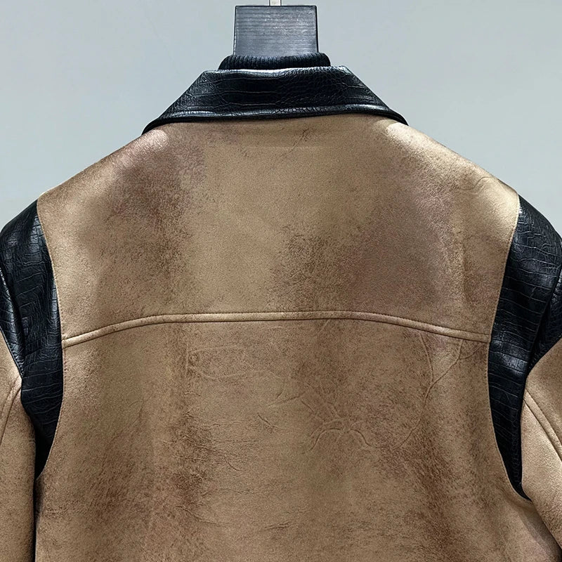 Patchwork Color-Block Lapel Suede Jacket