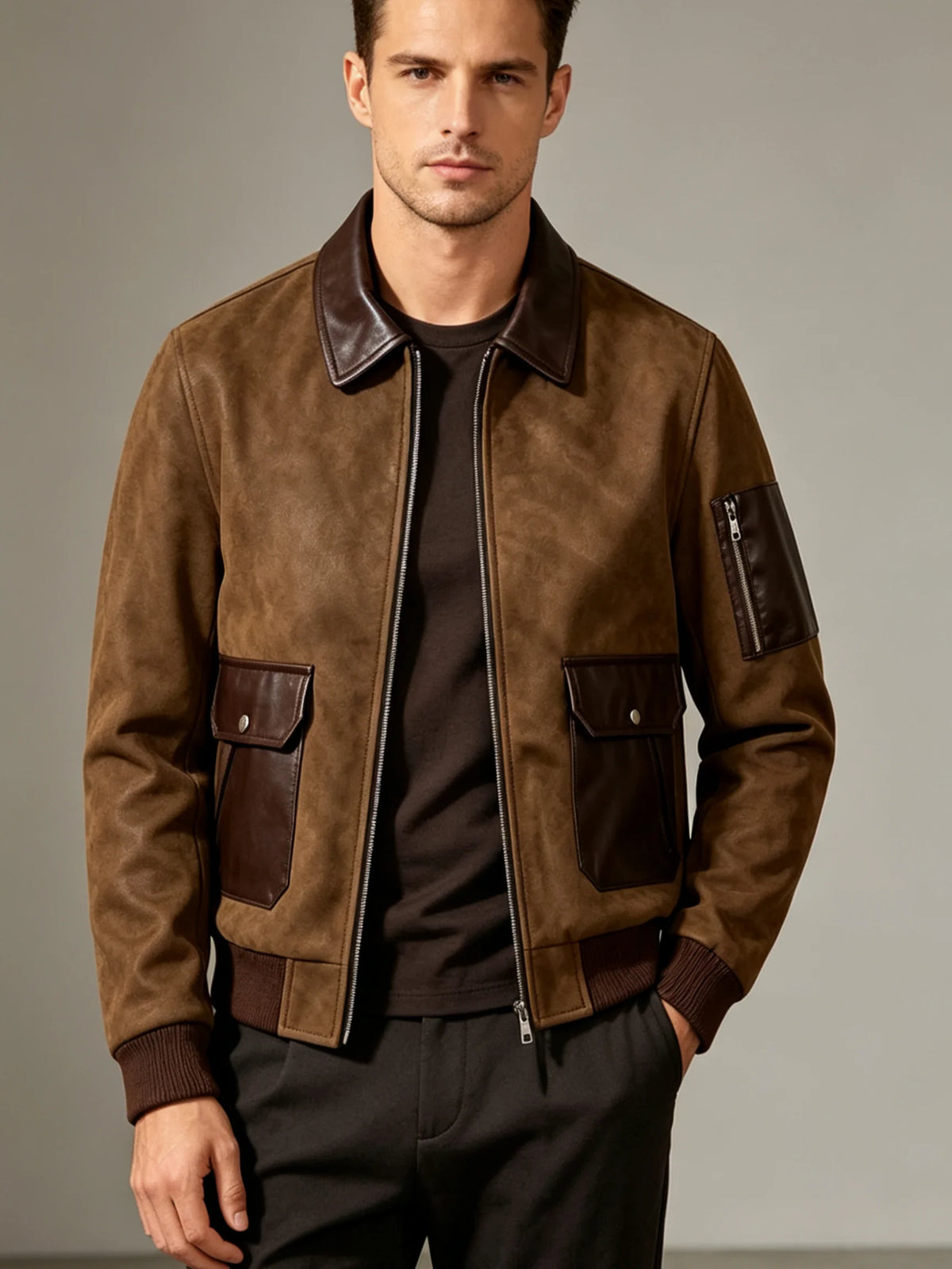 Leather Rib Collar Patchwork Bomber Jacket