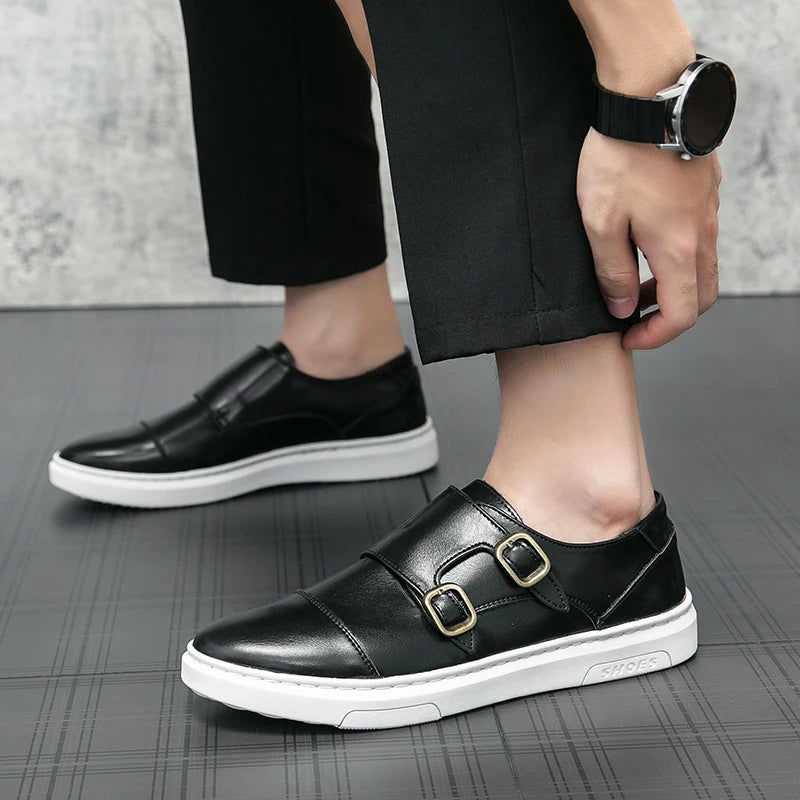 Double Buckle Casual Men Leather Shoes