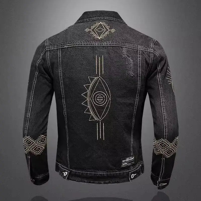 Black Embroidered Motorcycle Denim Jacket