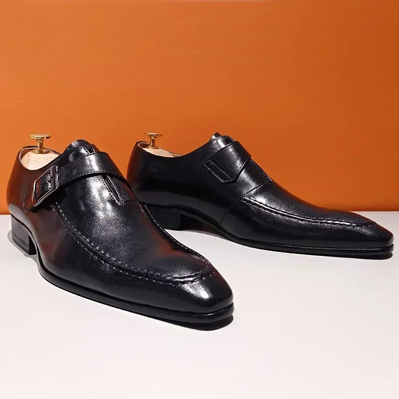Solid Black Shiny Monk Dress Shoes