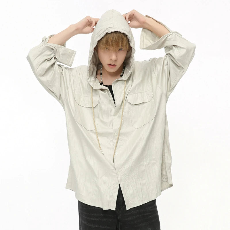 Solid Hooded Pleated Drawstring Jacket