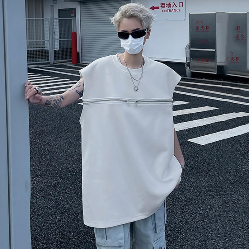 Double Zipper Loose Solid Tank Top