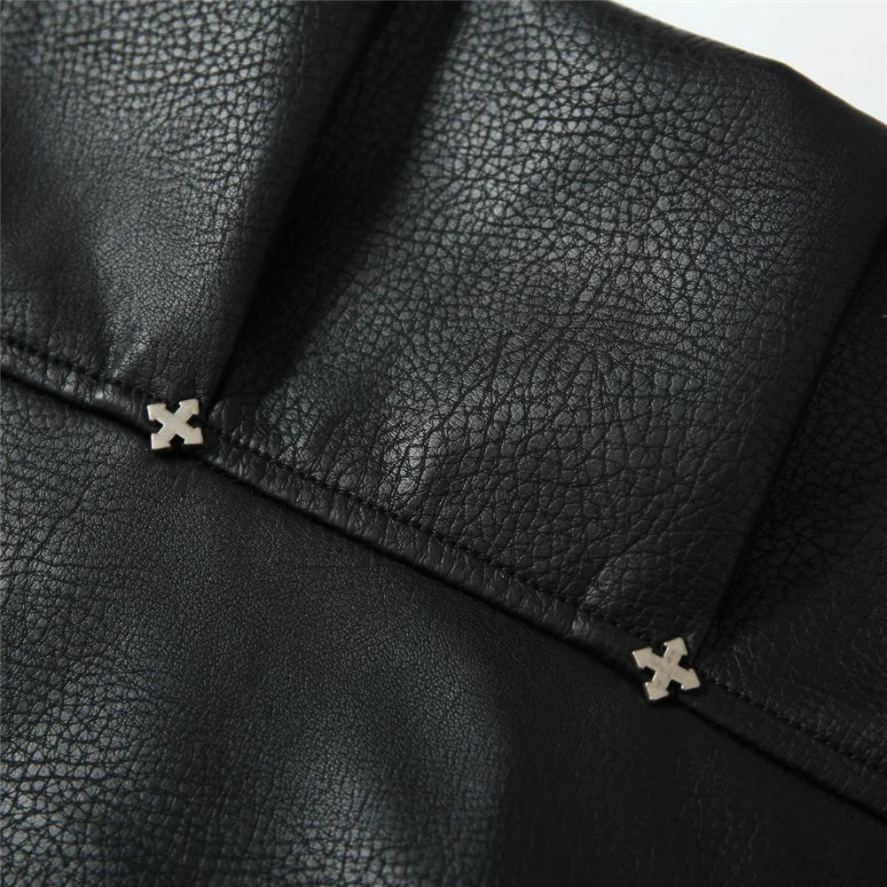 Vintage Sketch Motif Leather Varsity Jacket