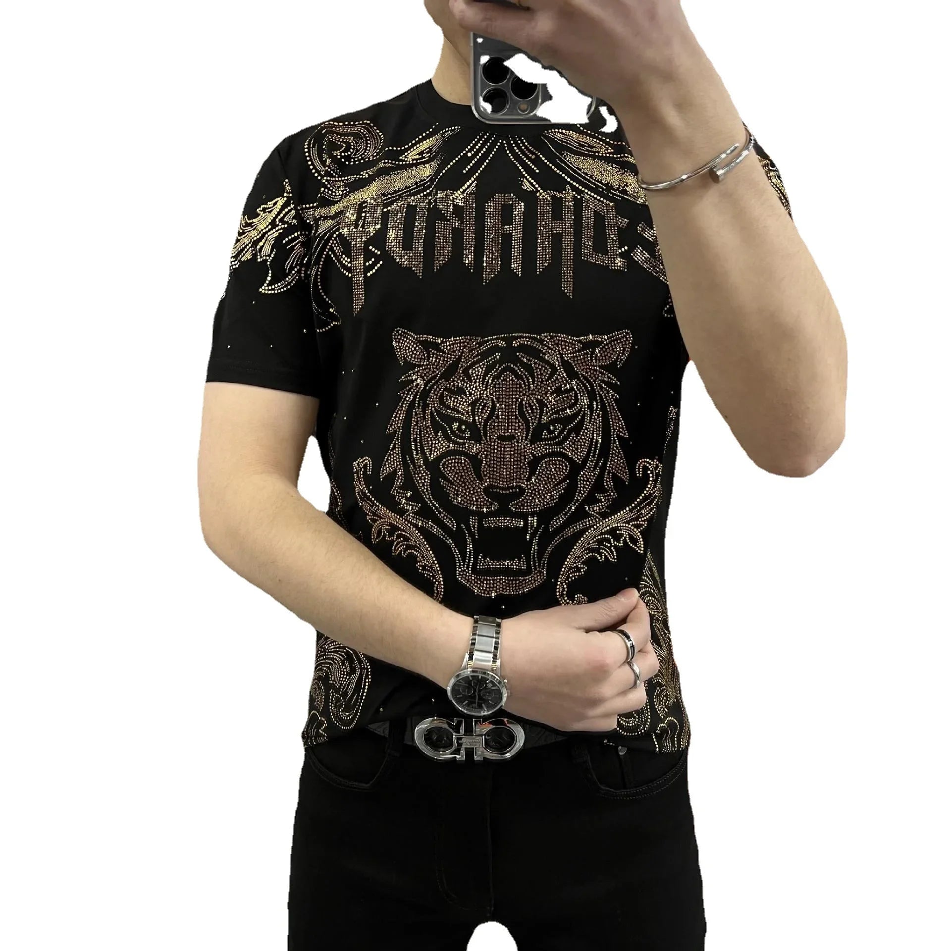 Black Rhinestone Printed T-Shirt