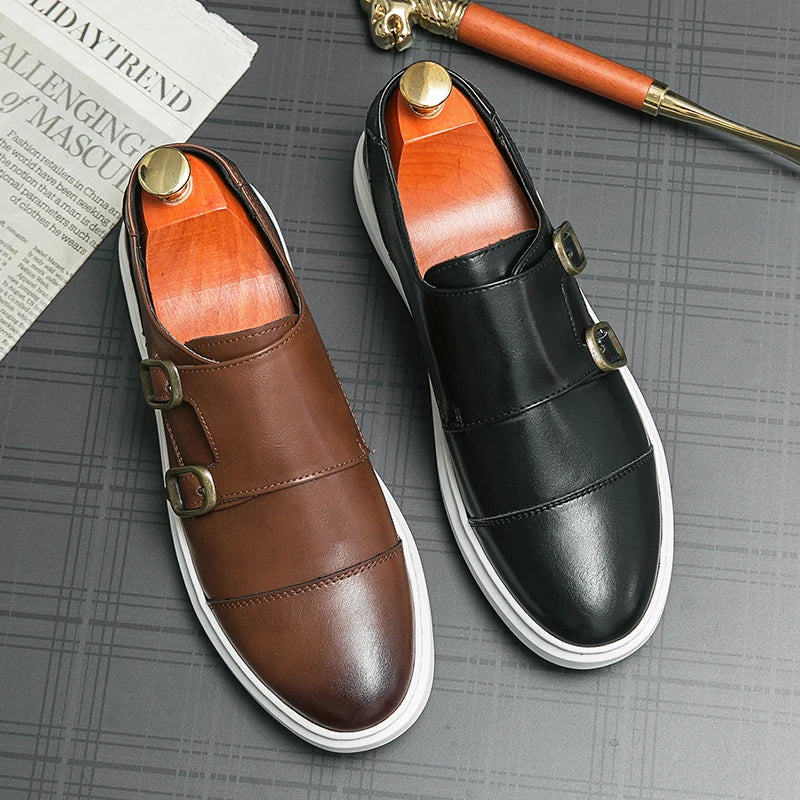 Double Buckle Casual Men Leather Shoes