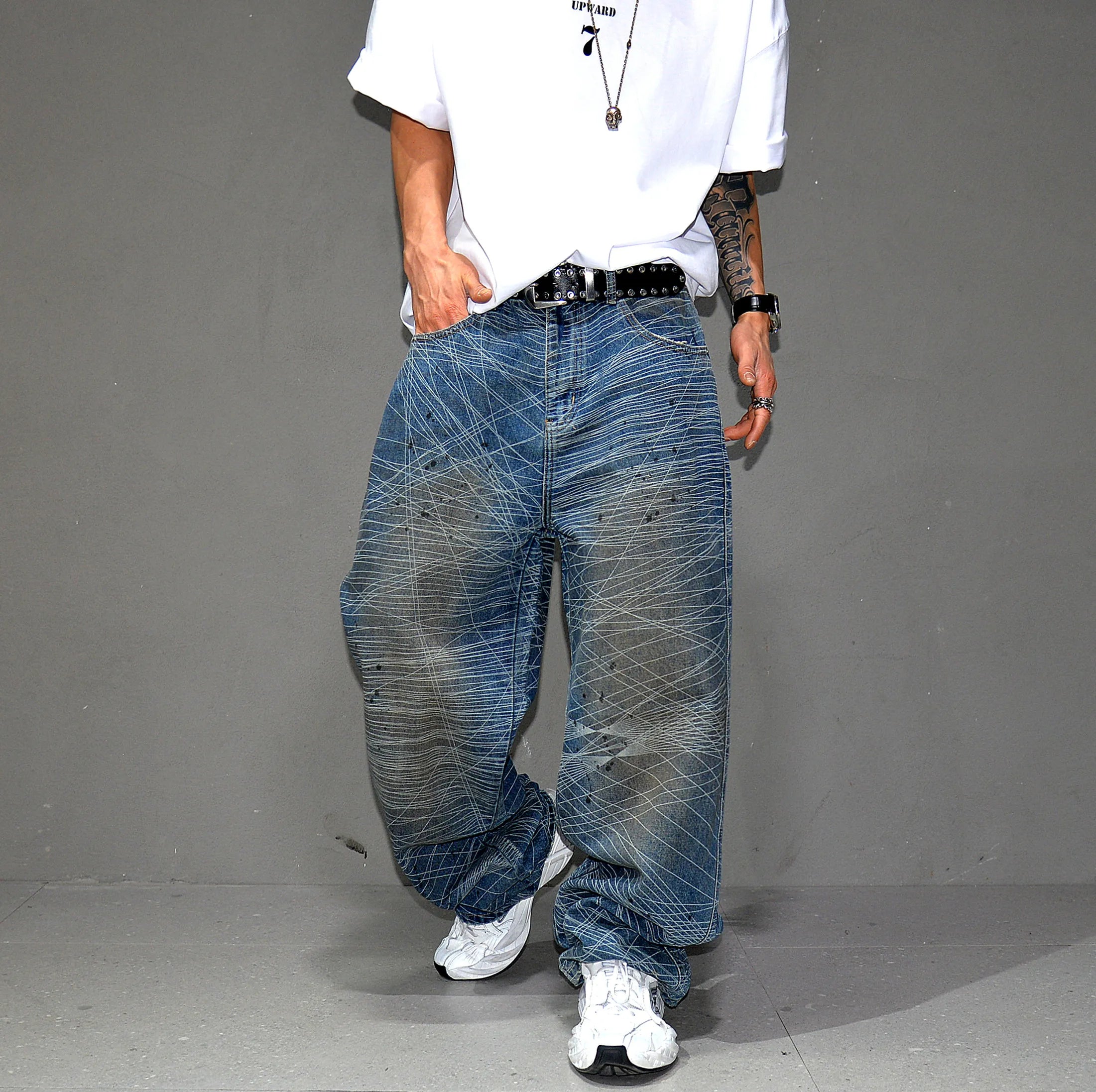 Distressed Line Paint Denim Jeans