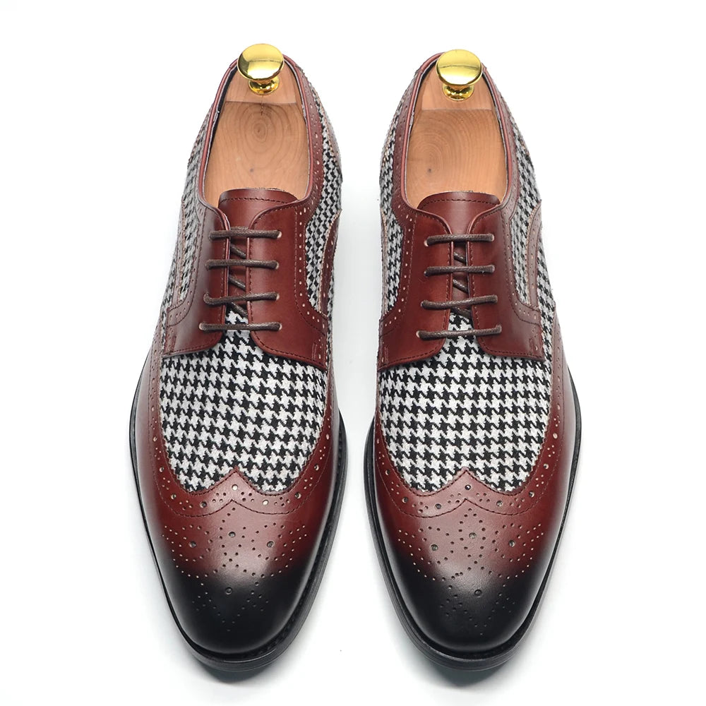 Patchwork Houndstooth Leather Brogue Shoes