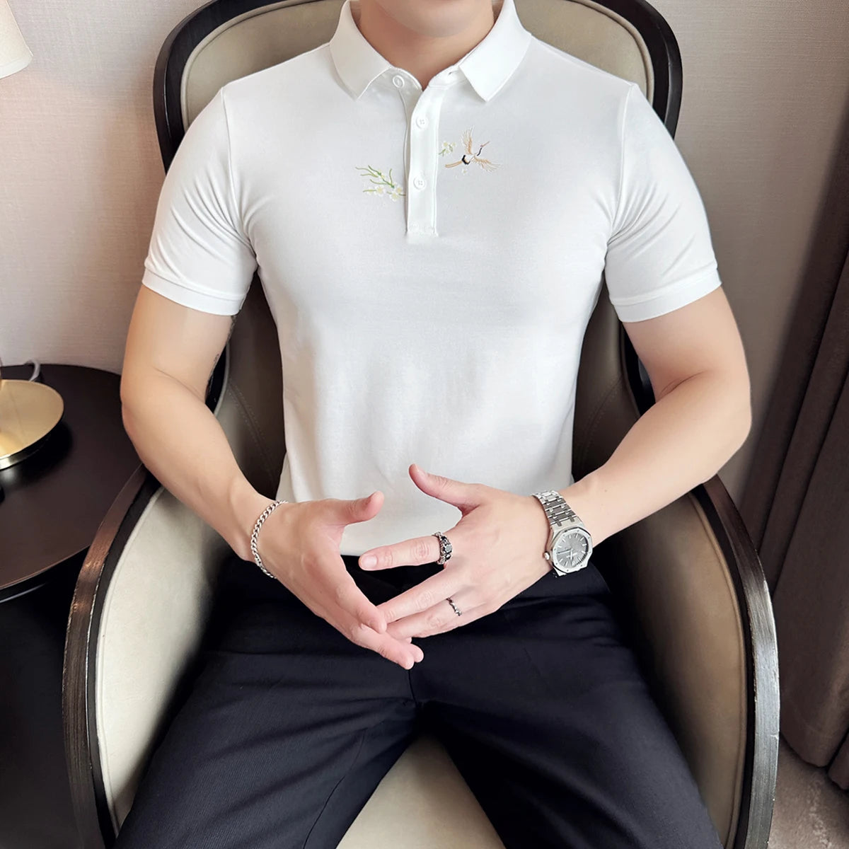 Bird & Flower Embroidered Polo Shirt