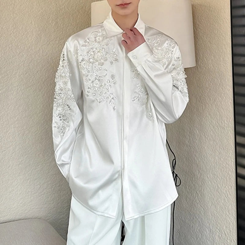 Solid Lapel Sequin Embroidered Shirt
