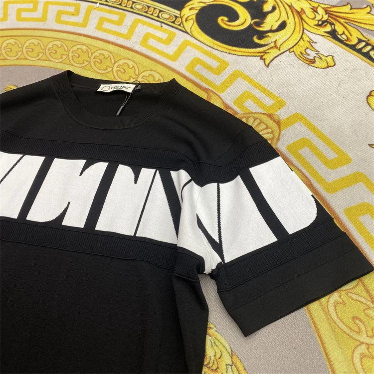 Contrast Color Splicing Jacquard O-Neck T-Shirt