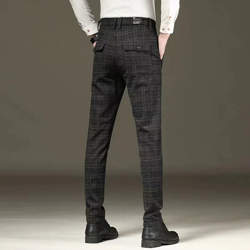 Black Grey Casual Plaid Straight Fit Trousers