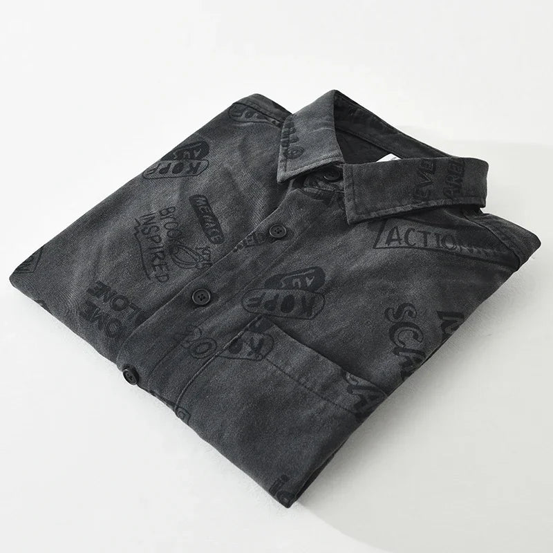 Black Washed Denim Letter Printed Shirt