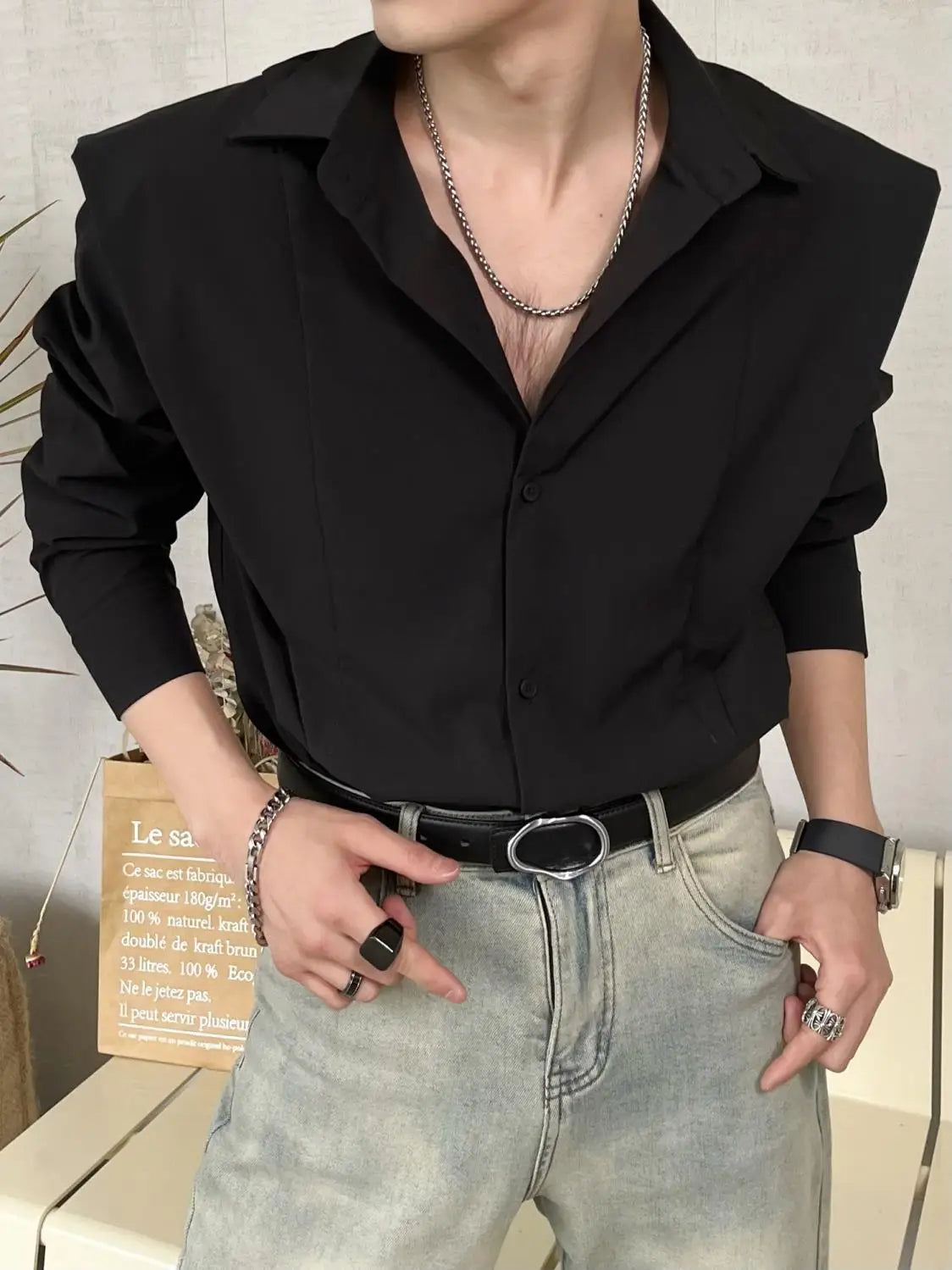 Solid Sharp-Shoulder Loose Shirt