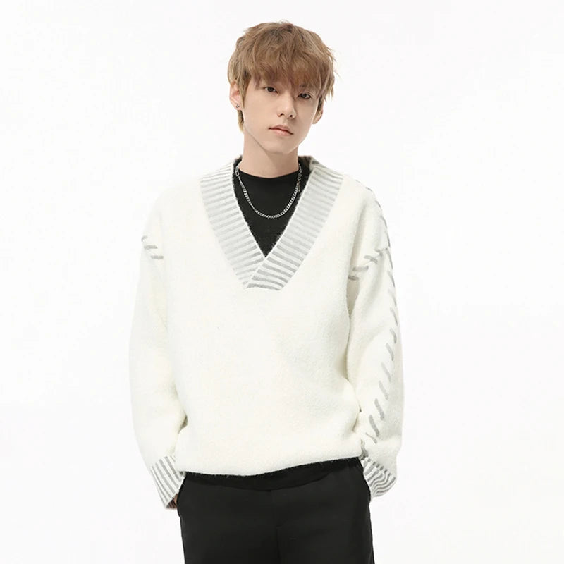 Casual Big V-neck Contrast Color Pullover