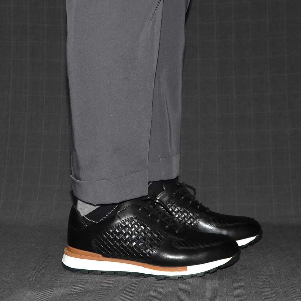 Genuine Leather Plaid Weave Pattern Sneakers