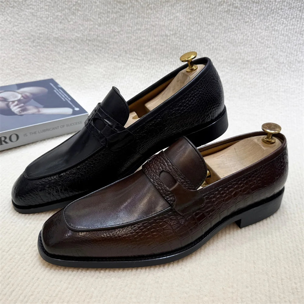 Solid Crocodile Print Genuine Leather Loafers