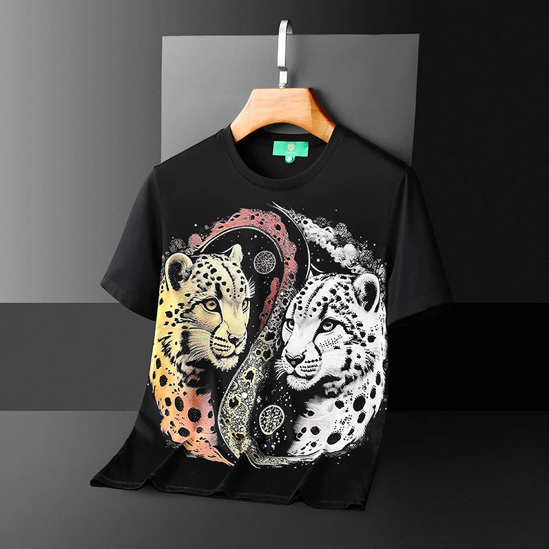 Rhinestone Animal Printed Round Neck T-Shirt